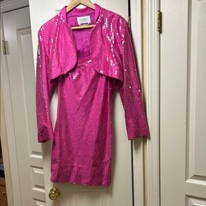 Ozbeck One-Shoulder Fuchsia Sequin Dress w bolero jacket size 6